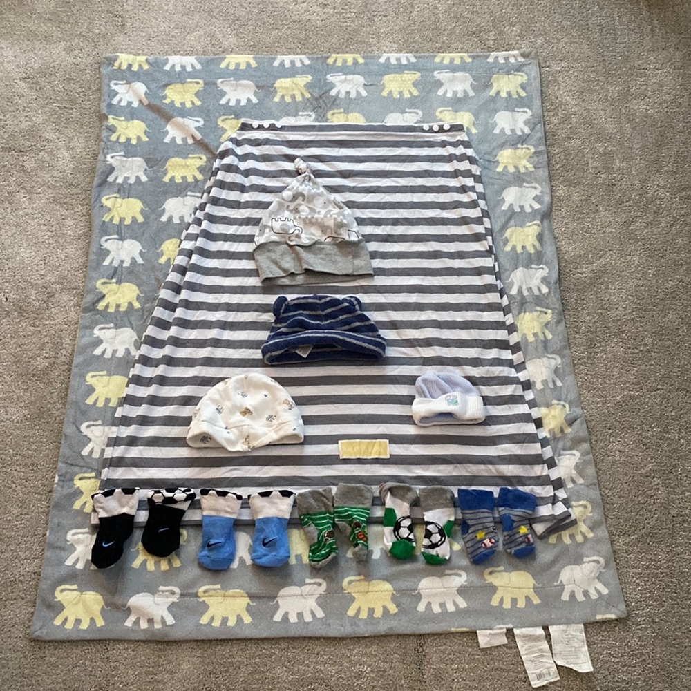 Lot of Receiving Blanket, Nursing Cover Up, Hats, and Socks